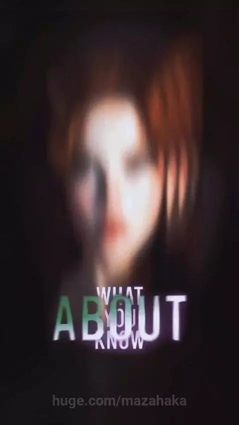 Close-up of a woman with red hair, freckles, and blue-green eyes with neon text overlays and motion blur.