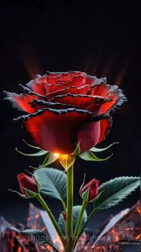 A vibrant red rose with dark edges surrounded by glowing fractured crystals, transforming into a fiery spiral.