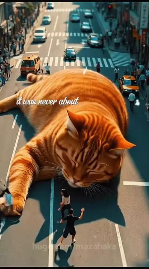 A giant orange tabby cat sleeps across a busy city street with tiny people and cars below.