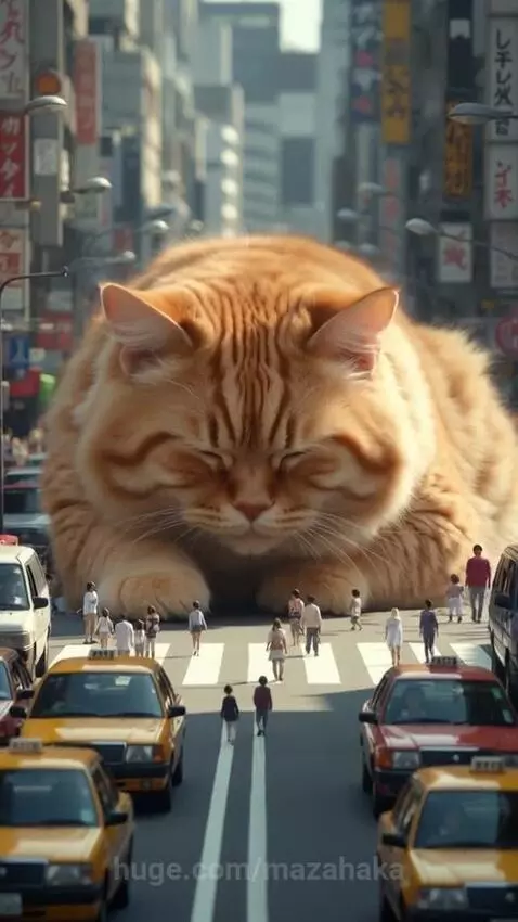 A giant, fluffy orange cat sleeping soundly in the middle of a busy city street with tiny people and cars around it.