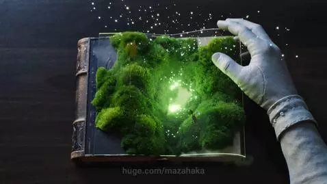 An ancient magic book lies open, with a miniature forest of moss, glowing mushrooms, and vines growing from its pages.