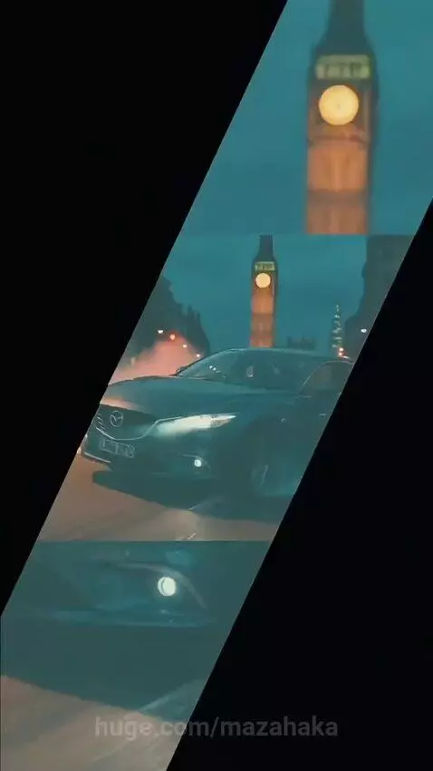 Dark Mazda 6 drifting at night in London with Big Ben visible and tire smoke.