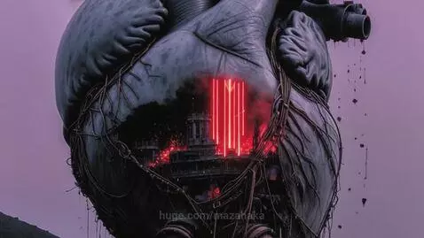 Intricate dark anatomical heart with visible veins, open to reveal machinery lit by red strobing lights and dripping liquid.