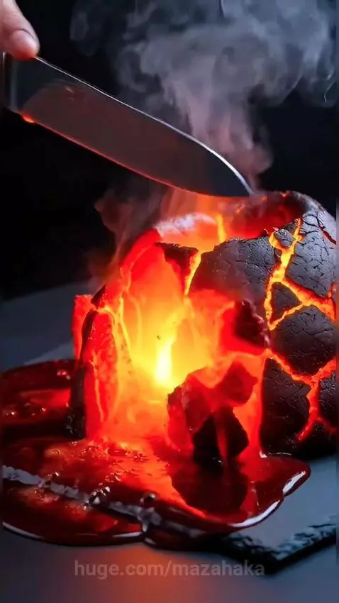 A dark chocolate cake shaped like a volcano erupting with glowing red and orange molten lava.