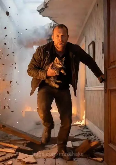 Man holding a kitten runs through a burning, collapsing hallway with smoke and debris.