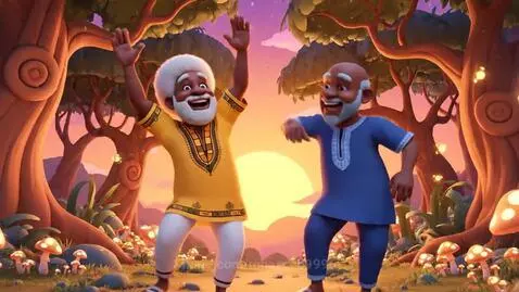 Two animated elderly men dancing joyfully in a magical forest with glowing trees and mushrooms.