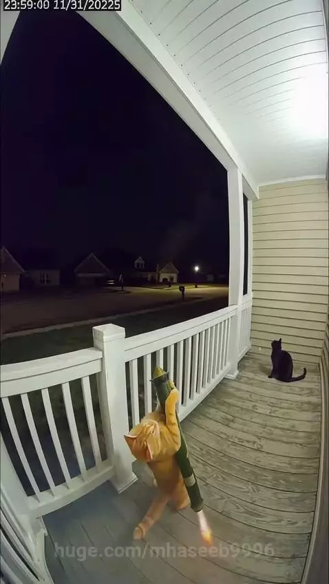Orange cat with toy rocket launcher on porch, fireworks spelling 'HAPPY NEW YEAR' in night sky.