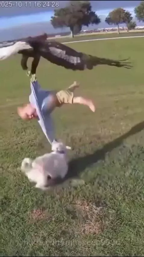 A baby crawling on grass as an eagle swoops down, with a dog barking at the bird.