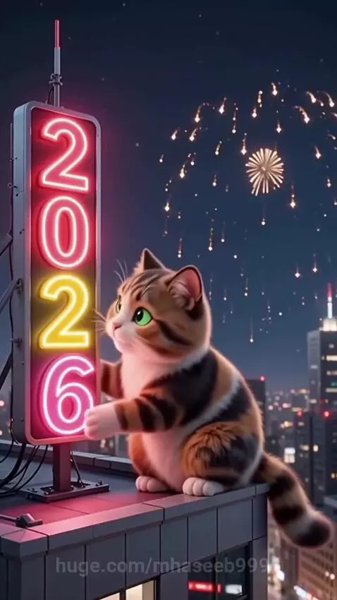 Animated fluffy cat with green eyes on a rooftop at night, looking at fireworks and a neon sign changing to 2026.