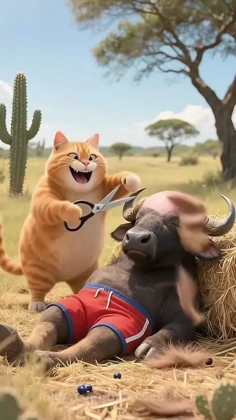 Animated cat with pink mohawk giving a buffalo a haircut, leading to chaos and unlikely friendships.