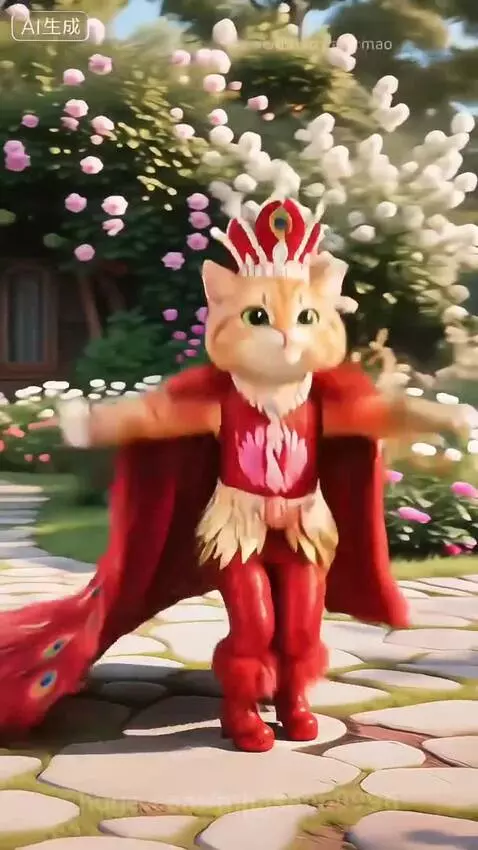 An orange cat sewing peacock feathers onto a red outfit, with a peacock nearby.