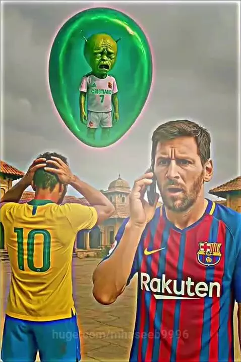 Cristiano Ronaldo as an alien, facing off against Messi and Neymar with hammers and flamethrowers.