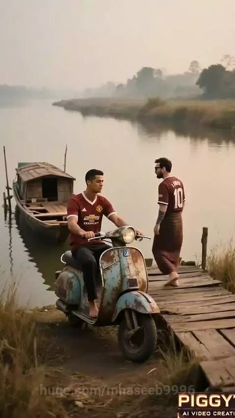 Lookalikes of Ronaldo and Messi in Manchester United jerseys fishing and grilling outdoors.