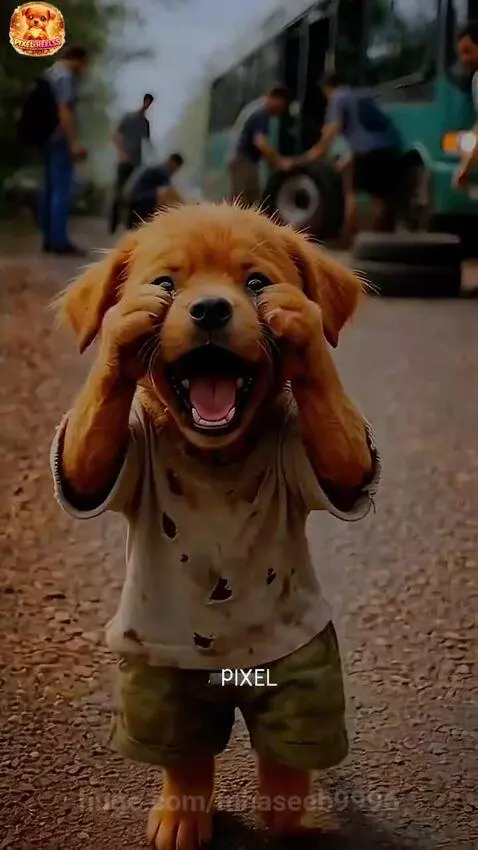 Animated puppy looking heroic, with a bus in the background and a distressed passenger.