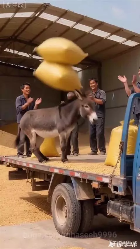 A donkey on a truck bed playfully catching yellow grain sacks tossed by three men.