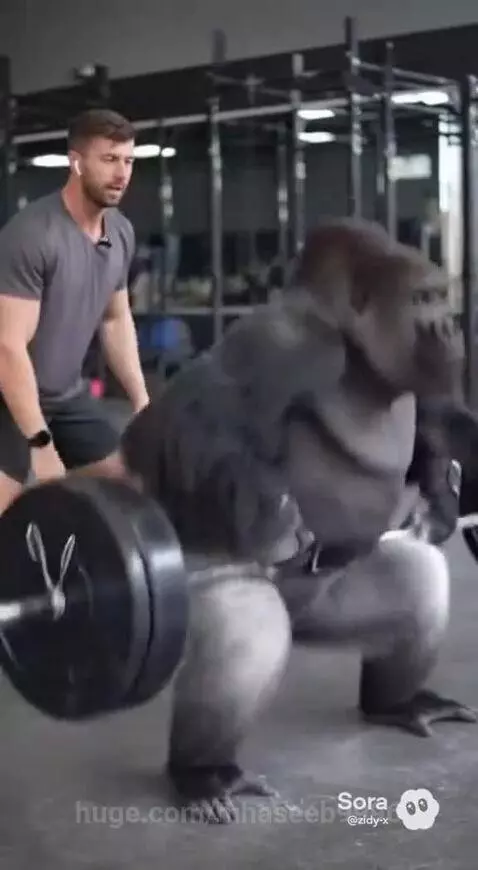 Man coaching a person in a gorilla suit performing a weightlifting exercise in a gym.