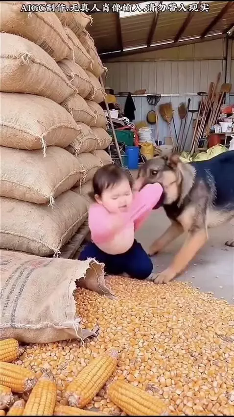 A dog pulling a baby away from a stack of sacks just before they fall.