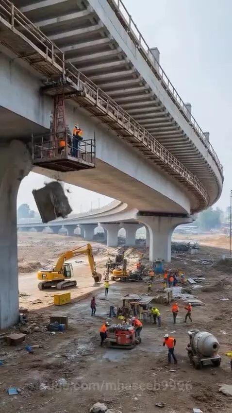 Workers watch as a large section of a concrete bridge collapses during a controlled demolition, kicking up a huge cloud of dust.