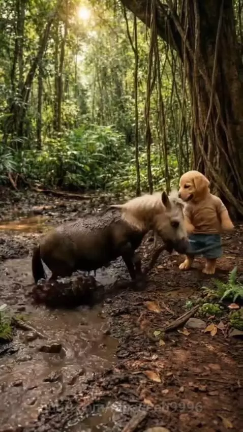 A small puppy wearing a shirt and shorts petting a horse it just rescued from mud, with a green field in the background.