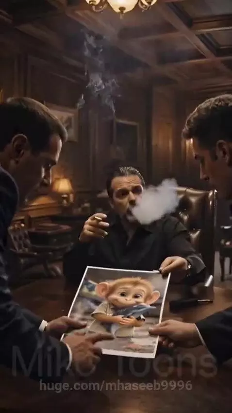 Cartoon monkey with large ears looking sad, with a dolphin nearby.