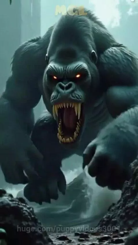 A large, dark-furred gorilla with glowing red eyes and sharp fangs roars intensely in a misty jungle environment.
