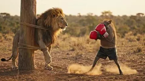 Warthog wearing boxing gloves and shorts in a fighting stance against a lion tied to a post.