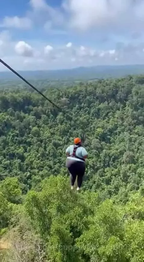 Person zip-lining over a forest, landing in a clearing with a large dust explosion.