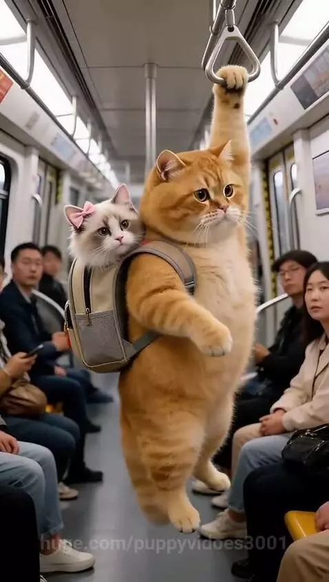 Fluffy orange cat holding a handrail on a subway train, with a smaller white kitten peeking from its backpack.