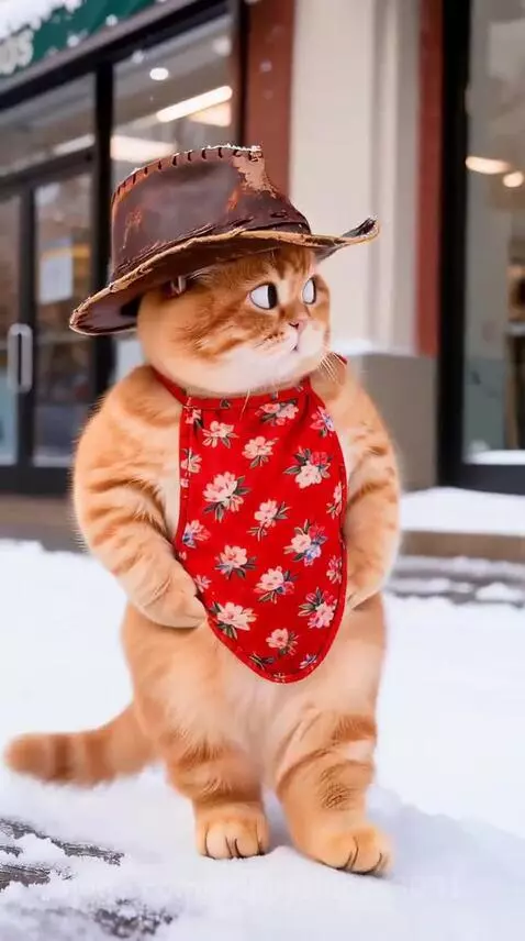 An orange tabby cat wearing a cowboy hat stands in the snow, appearing to dance with its paws.