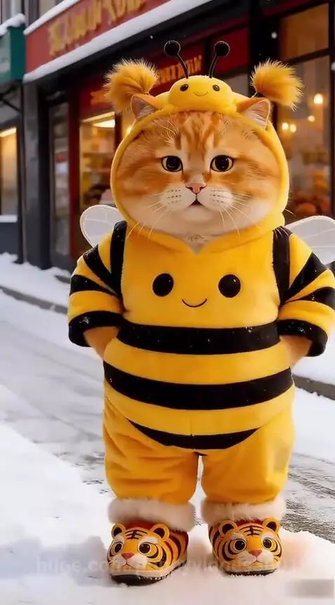 Animated cat in a bee costume with wings and tiger slippers dancing in the snow.