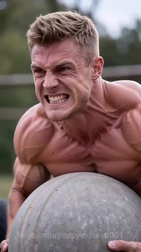 Shirtless man struggling to lift a stone ball, with a gorilla standing by, then the gorilla lifts the man and ball.