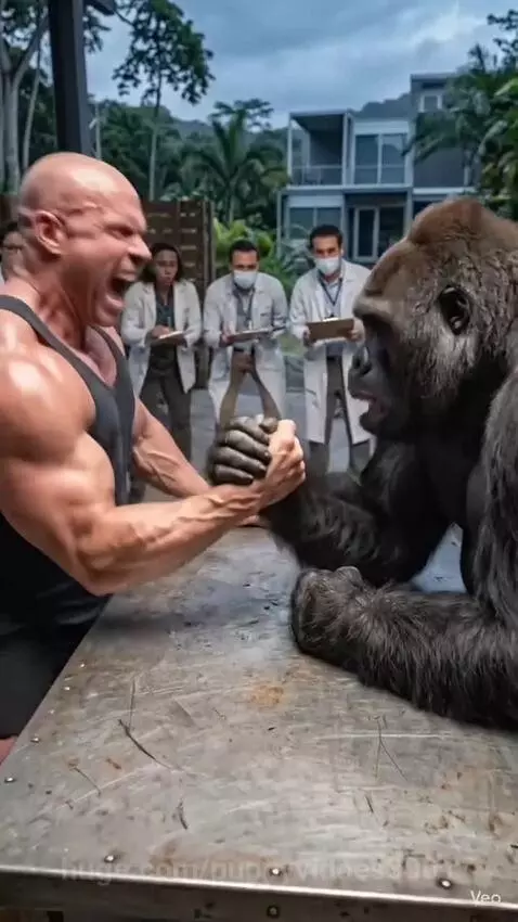 Muscular man arm wrestling a large gorilla on a metal table, with onlookers in lab coats.