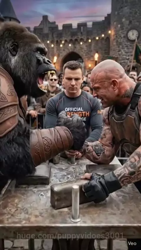 Muscular man and gorilla in armor arm wrestling in a castle courtyard with spectators.