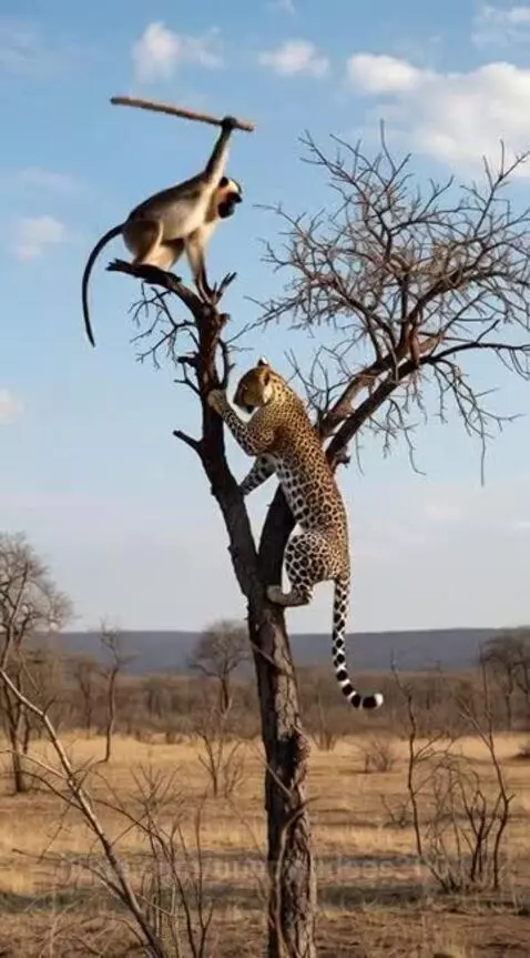 Leopard climbing a tree to catch a monkey holding a stick, set against a dry savanna landscape.
