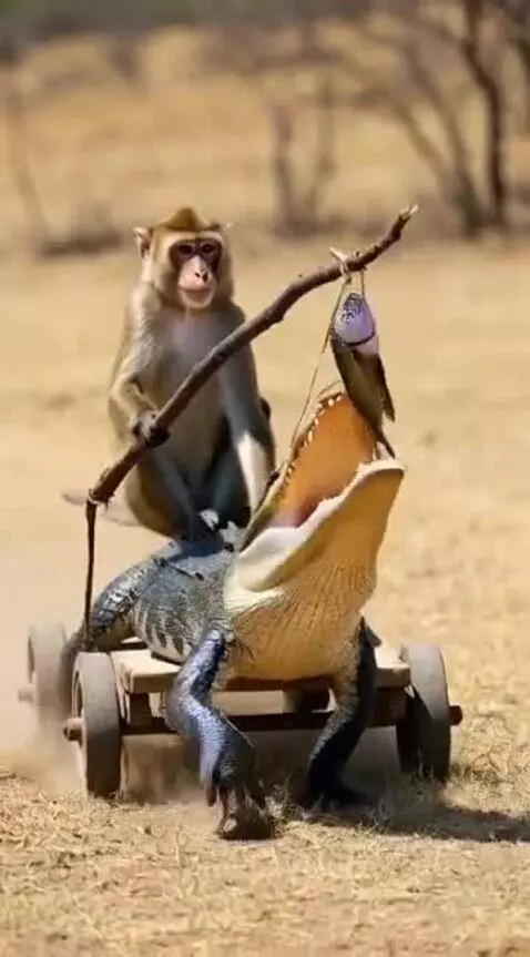 Monkey riding on the back of an alligator on a wheeled cart, with a fish dangling in front.