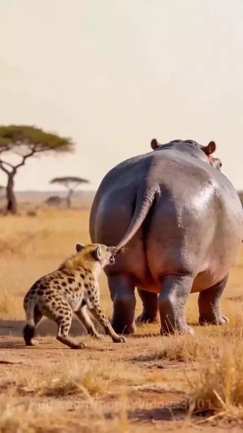 A spotted hyena bites a hippopotamus's rear in a savanna, causing the hippo to sit down.