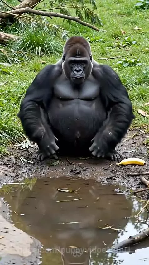 Gorilla flexing muscles and taking a selfie with a banana in a gym setting.