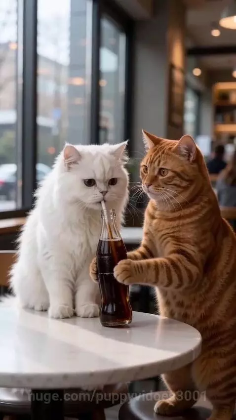 Orange tabby cat reacts with laughter to a white cat burping after drinking soda at a cafe table.