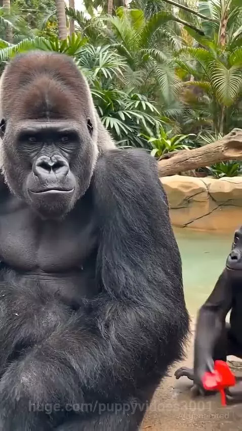 Silverback gorilla roaring and jumping into a pool after a baby gorilla places a toy frog on its head.