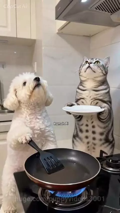 A dog and cat stand in a kitchen, with fried eggs comically placed on their heads after a cooking attempt.