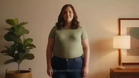 Woman with long brown hair in a green t-shirt standing in a room with a plant and side table, looking at the camera.