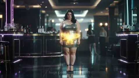 Woman in a silver dress in a club, surrounded by a golden aura, undergoing a rapid weight gain transformation.