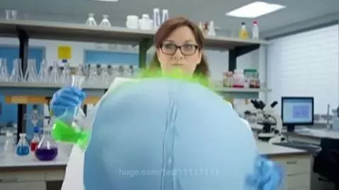 Female scientist in lab coat and glasses comically inflates into a large spherical shape after holding a flask with green liquid.