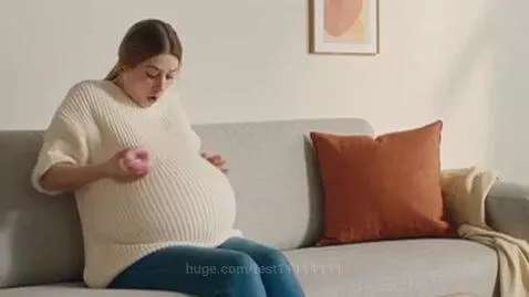 Woman sitting on a couch, holding a donut, with her belly unnaturally inflated to a large spherical size.