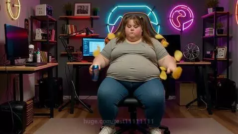 Time-lapse of a woman in a neon-lit gaming room rapidly gaining significant weight while sitting in a gaming chair.