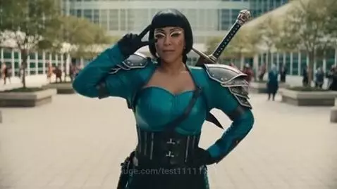 Woman in teal and black superhero costume with sword, her body rapidly inflating to a large size.