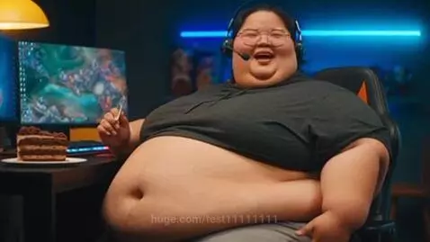 Extremely obese Asian woman in gaming headset, sitting in a gaming chair, holding a fork, with a slice of cake and large stomach visible.