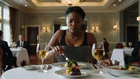 A woman rapidly gains extreme weight in a formal restaurant, ending up filling the table.
