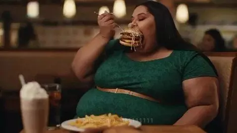 Woman in a green dress eating a large burger and fries at a restaurant table.