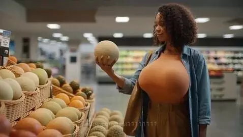 Woman with curly hair in a supermarket produce aisle, holding a cantaloupe and looking surprised at her greatly enlarged chest.